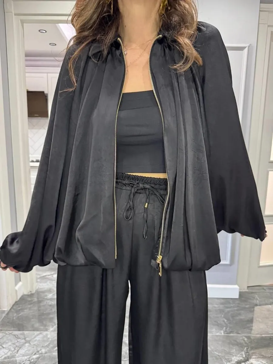 Women's solid color cross-section design casual zipper cardigan & pants set