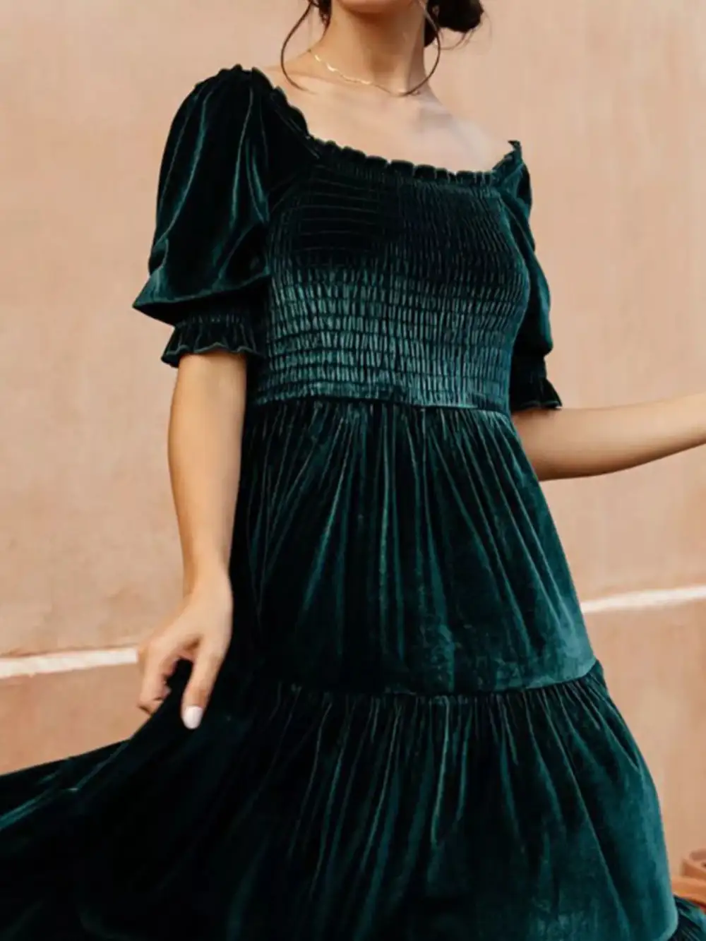 Velvet Tiered Smocked Midi Dress