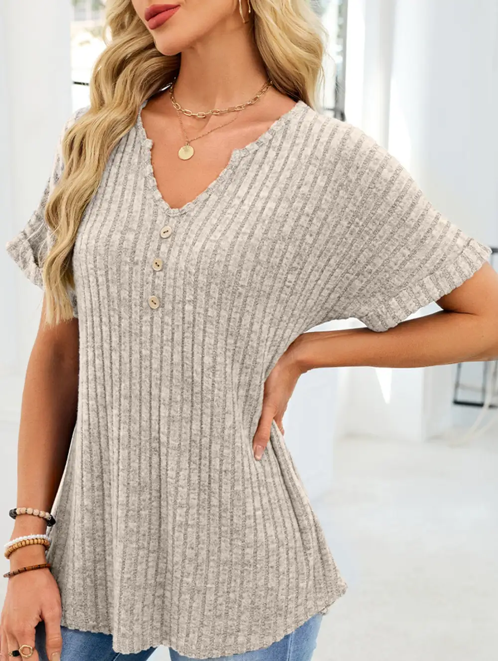 V Neck Button Front Loose Ribbed Tee