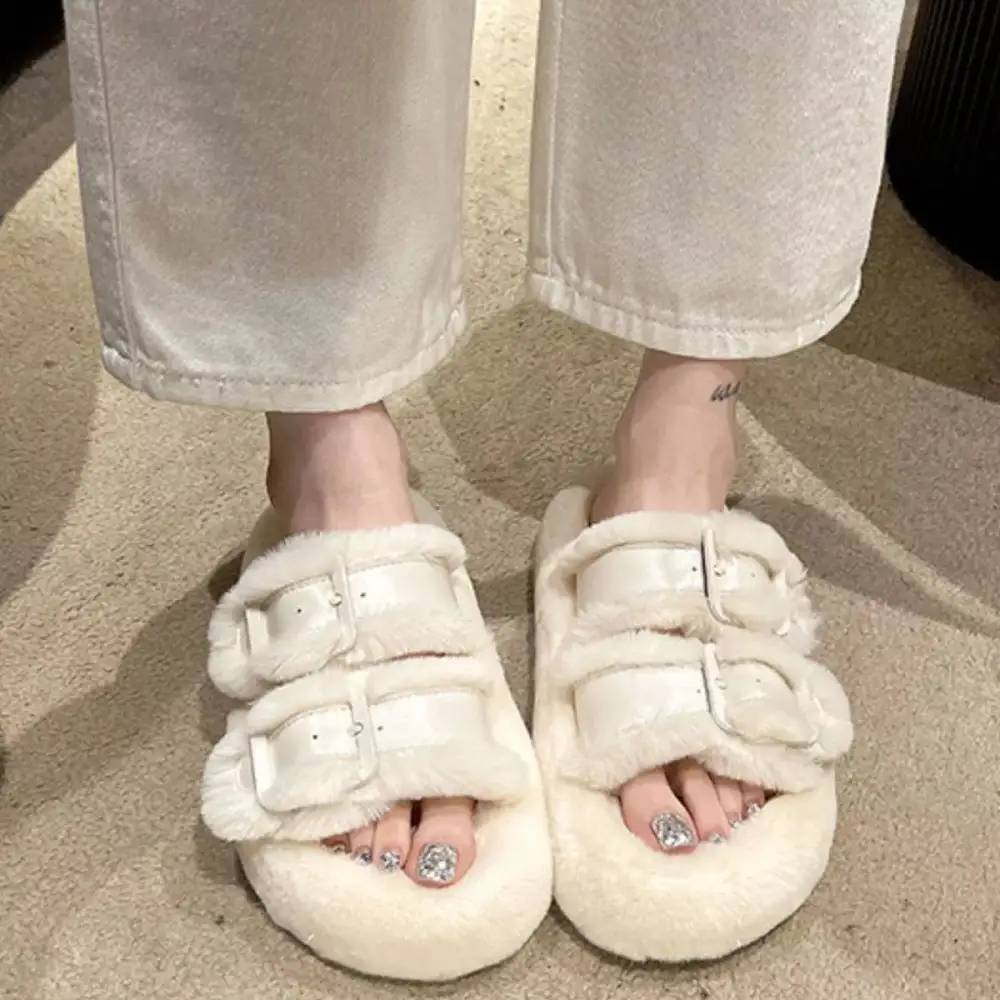 Fuzzy Buckle Detail Slippers