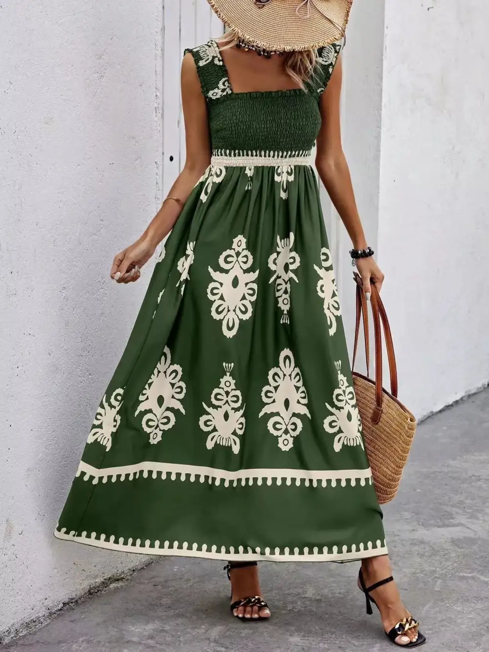 Printed Square Neck Smocked Maxi Dress