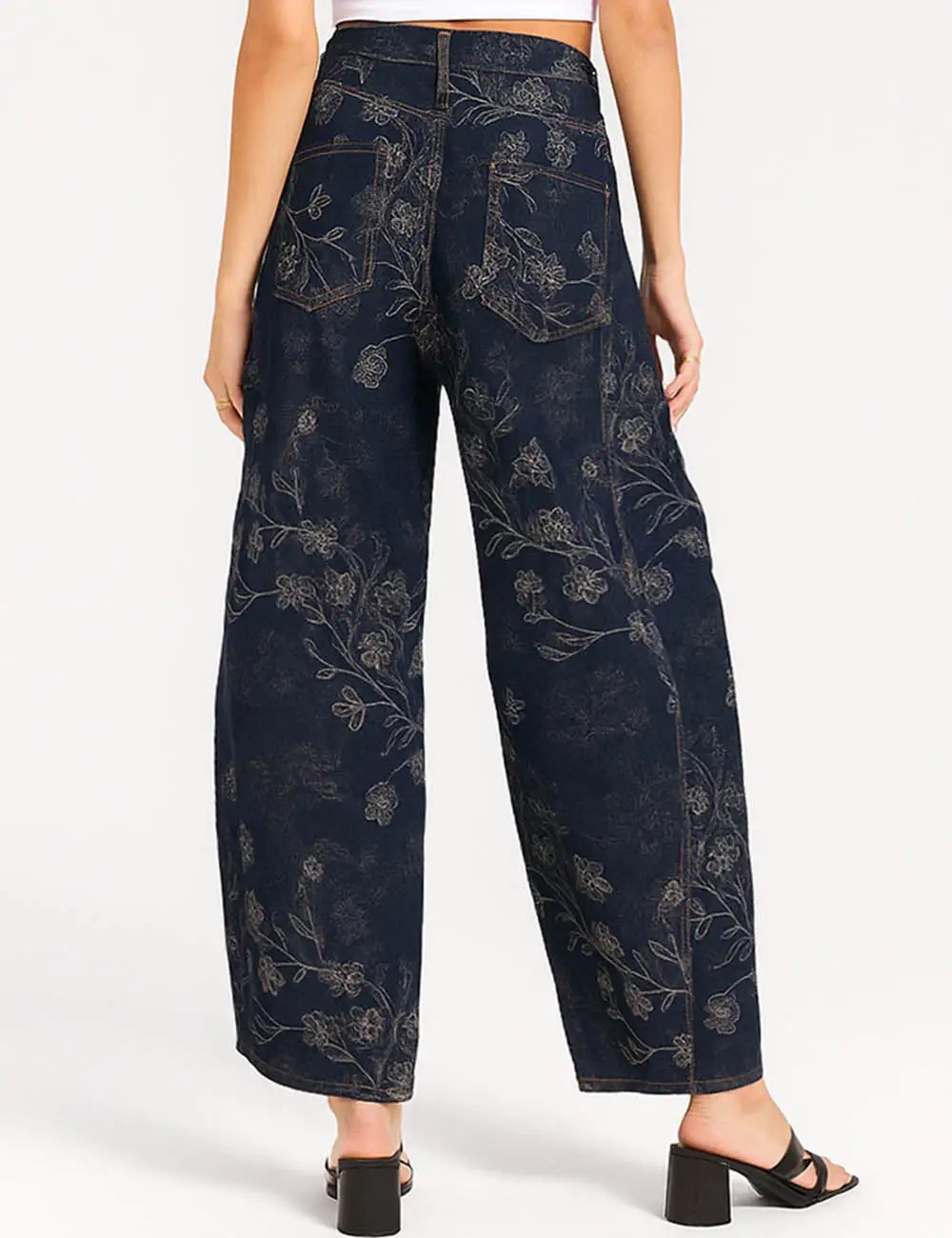 Vintage Jeans Floral Print Button Barrel Denim Pants