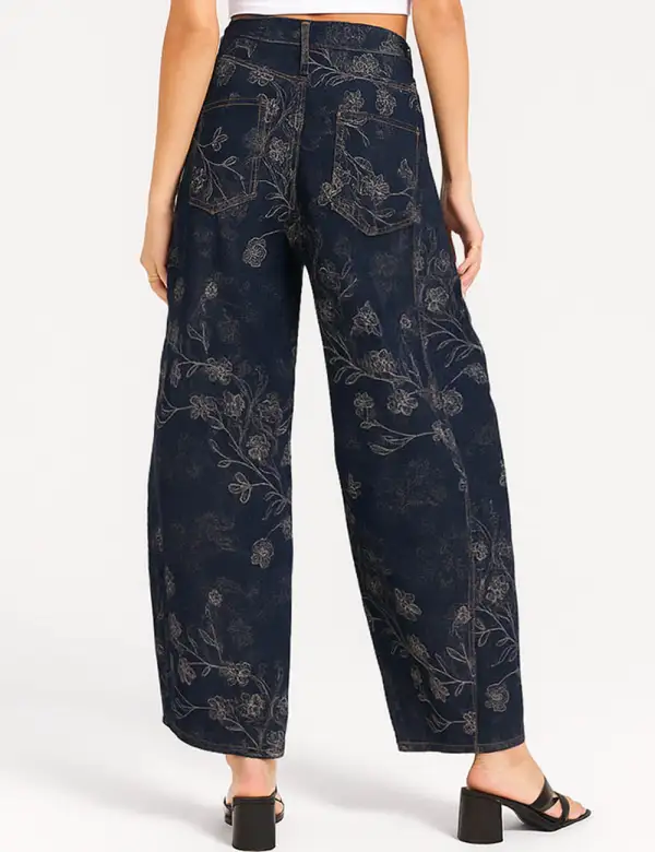 Vintage Jeans Floral Print Button Barrel Denim Pants