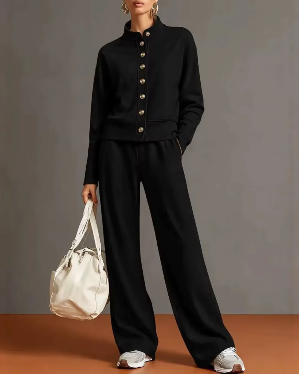 Button Cardigan and Wide-Leg Sweatpants Set