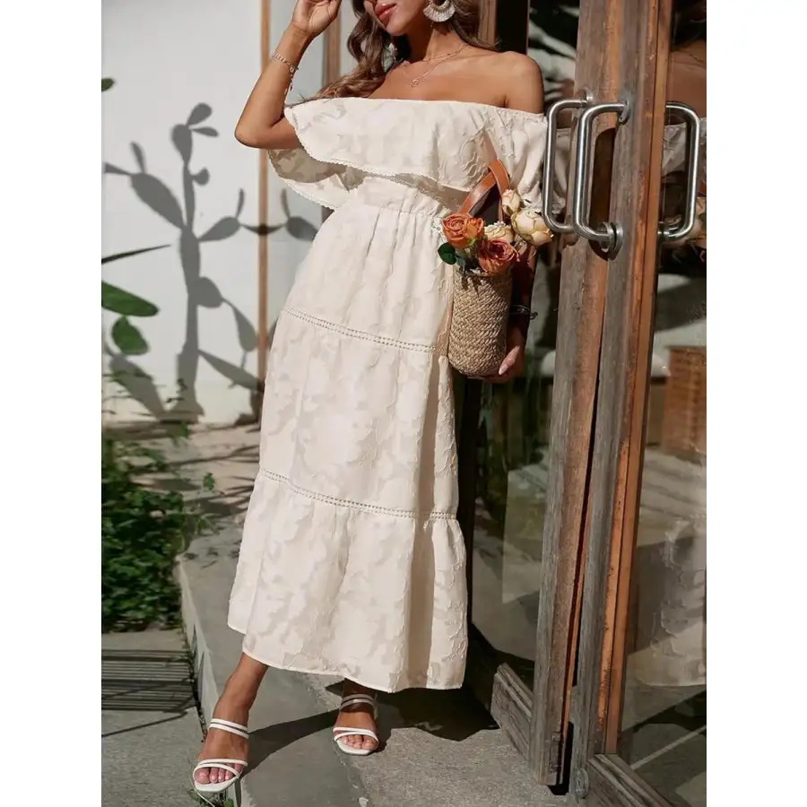 Ruched Off Shoulder Short Sleeve Midi Dress