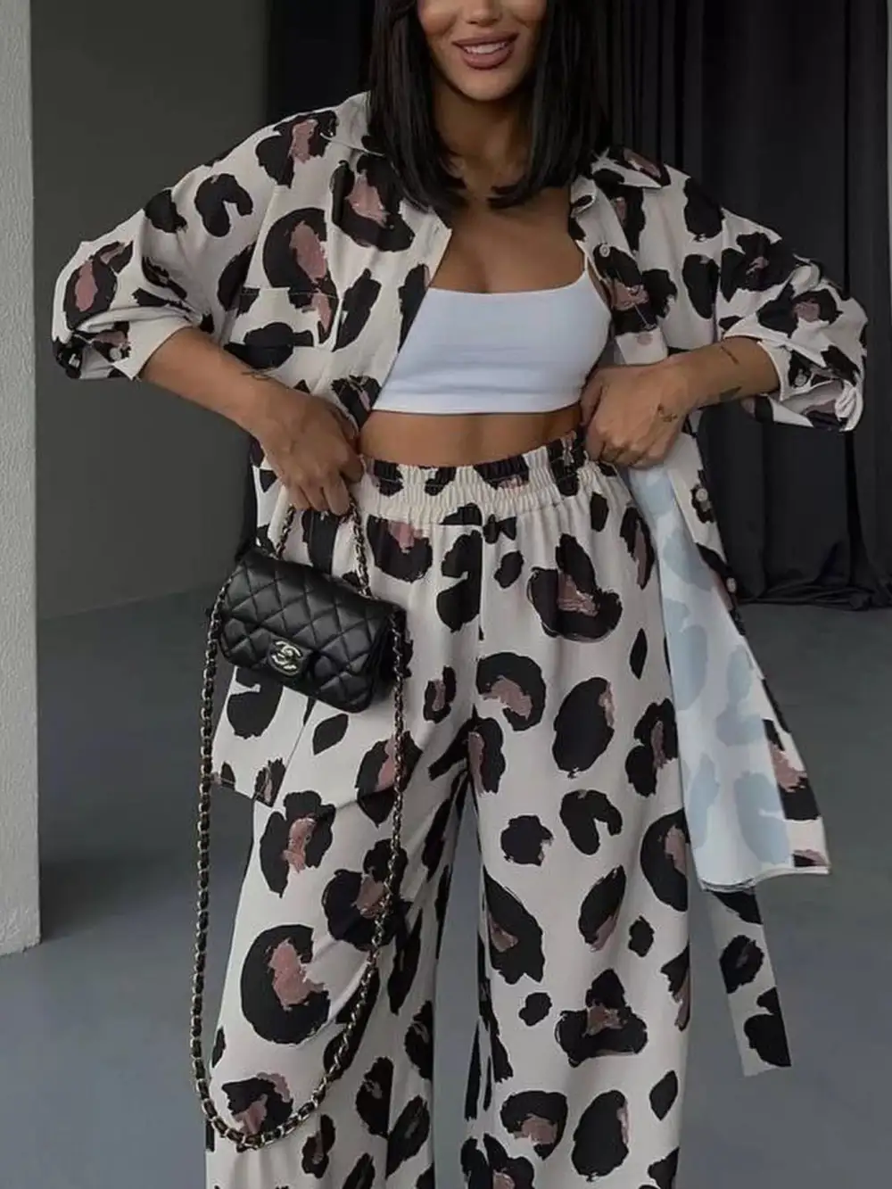 Leopard Print Relaxed Fit Shirt and Pants Set