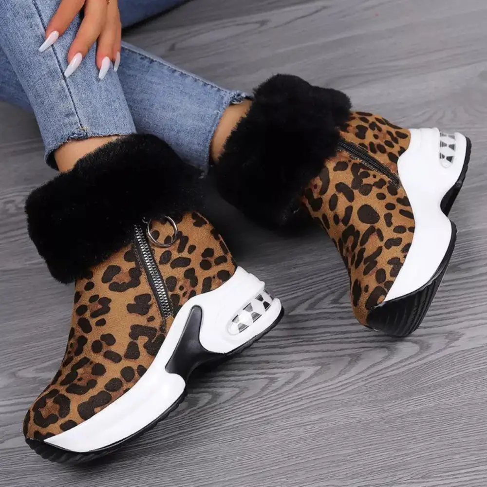 Fuzzy Side Zipper Platform Ankle Boots