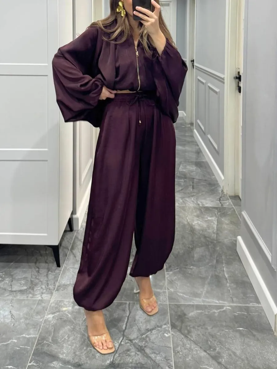 Women's solid color cross-section design casual zipper cardigan & pants set