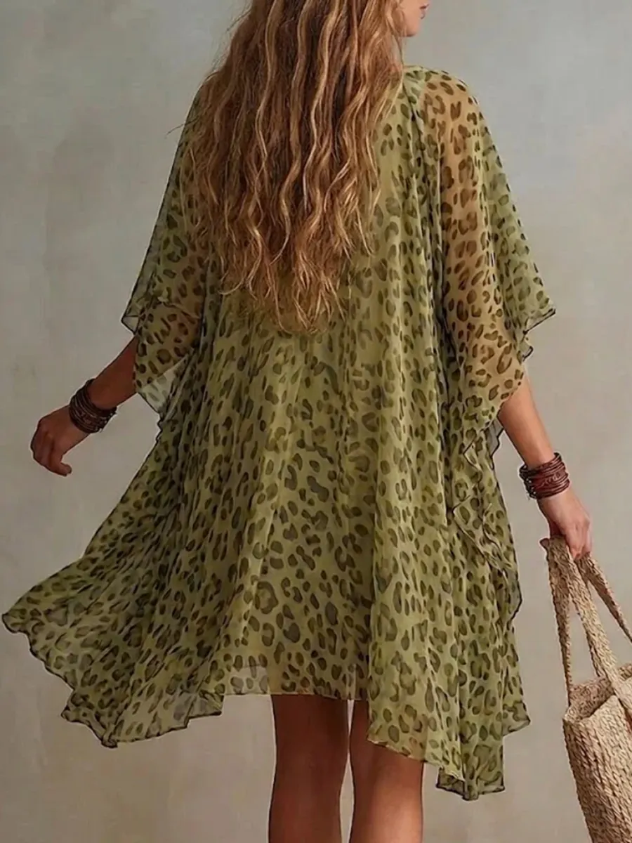 Batwing Sleeve Half Sleeve Asymmetric Contrast Color Leopard Ruffle Trim See