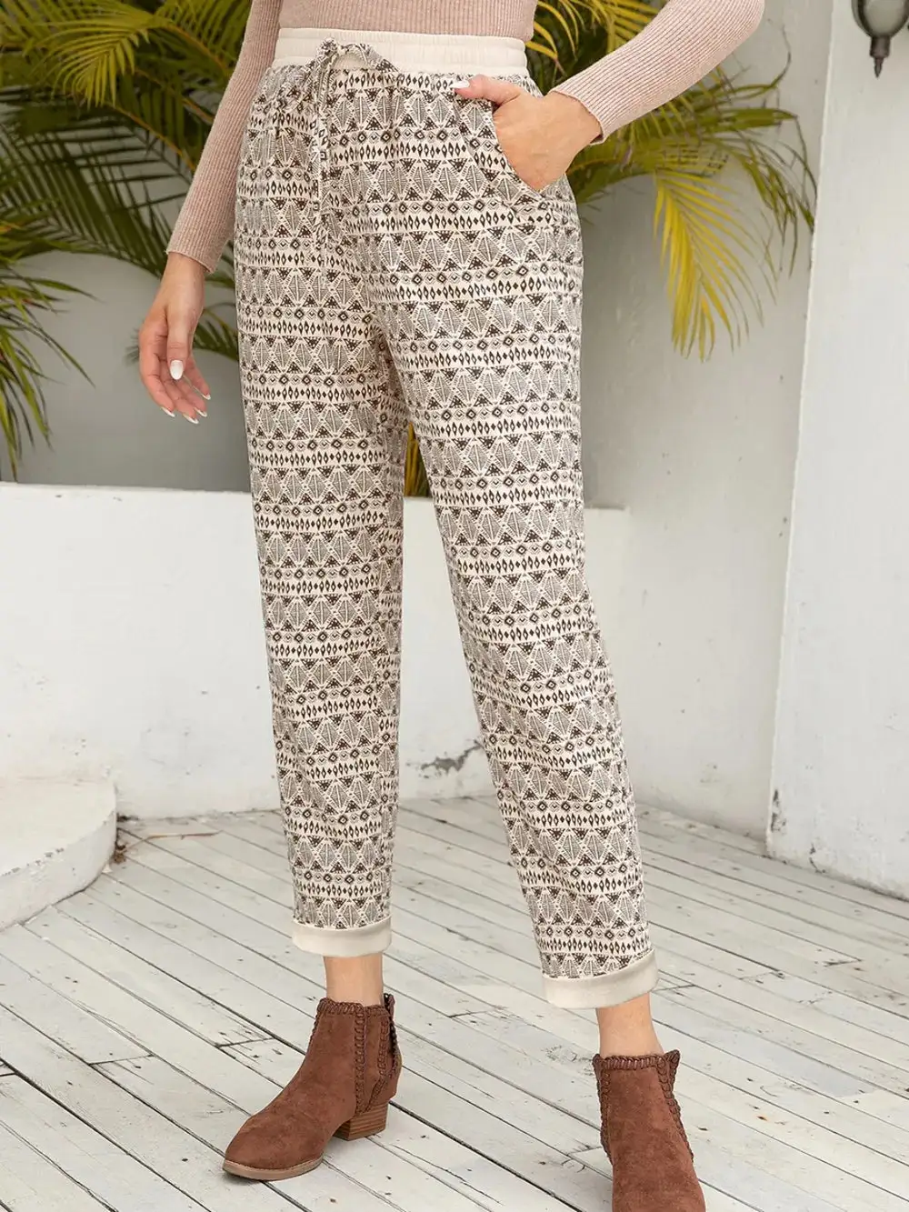 Textured Tie Waist Tie Detail Pants