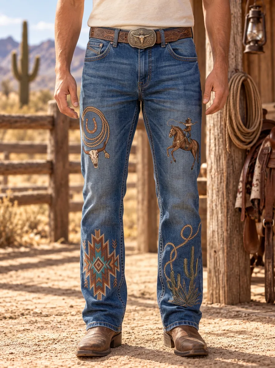 Men's Frontier Inspired Western Cowboy Rodeo Cactus Skull Jeans
