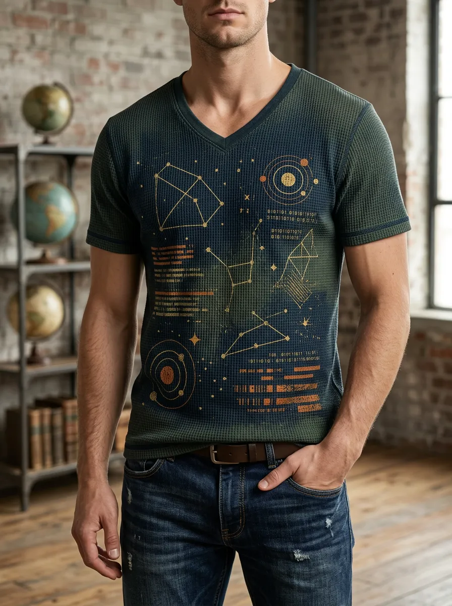 Men's Astronomy Science Lover Constellation Printed V-Neck T-Shirt