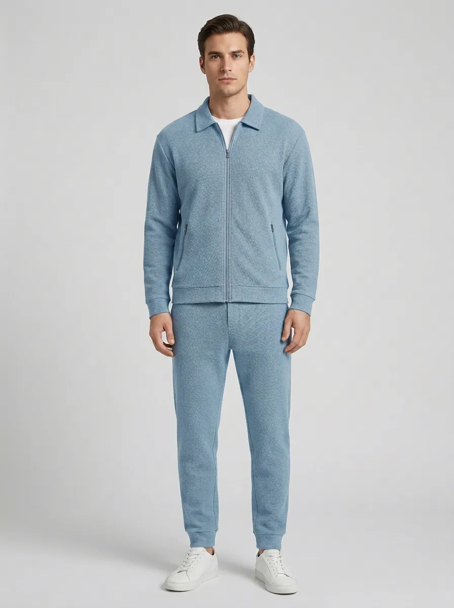 Men's Textured Minimal Polo Collar Jacket and Jogger Pants Set