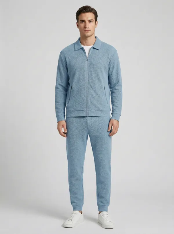 Men's Textured Minimal Polo Collar Jacket and Jogger Pants Set