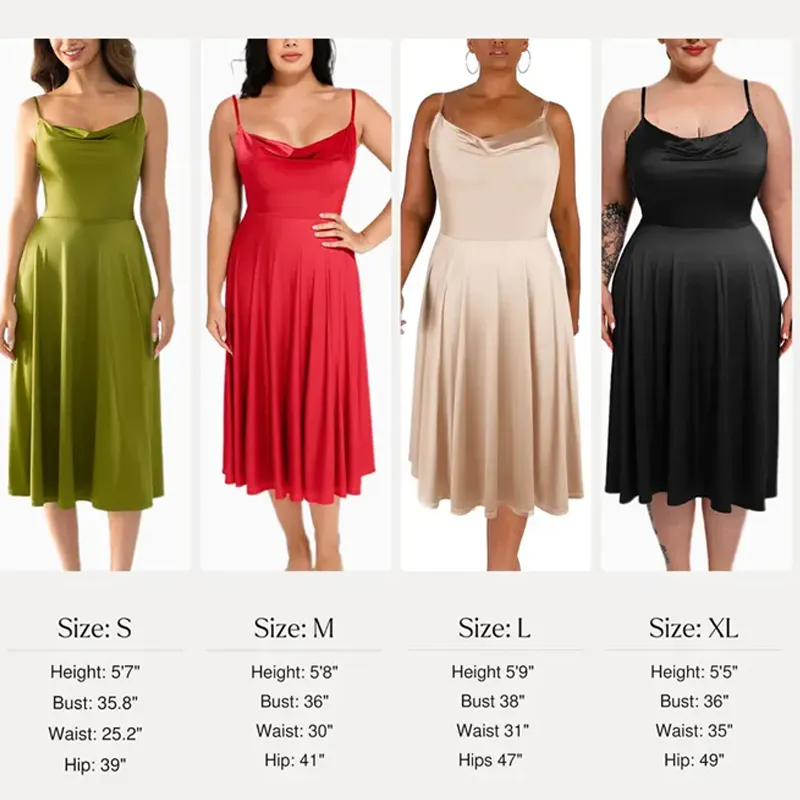 Satin Midi Slip Dress with Cowl Neck and Flared Hem