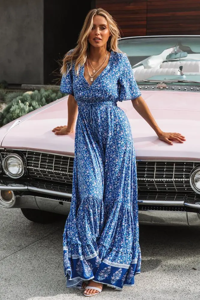 V-Neck Short Sleeve Boho Maxi Dress