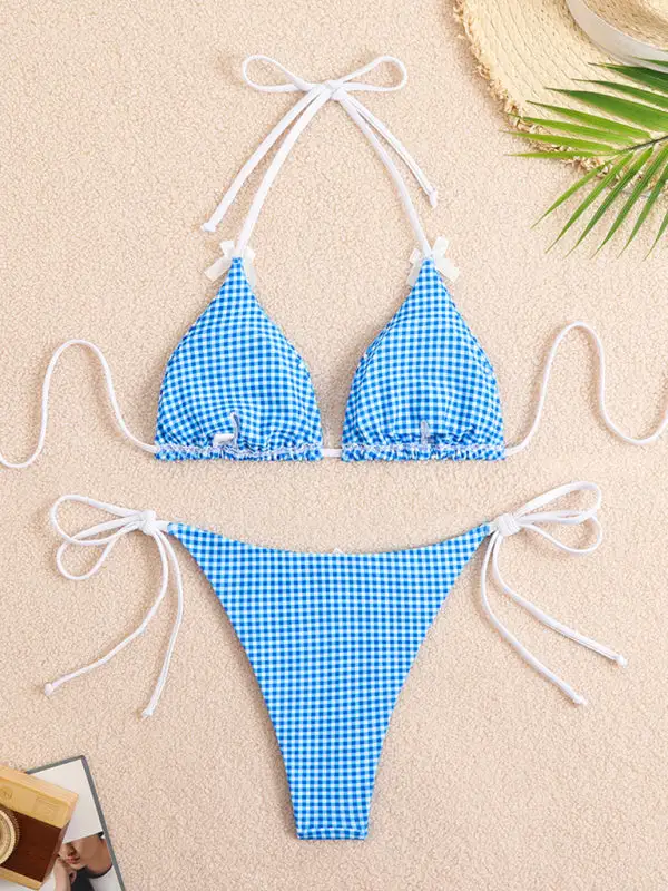 Lace Up Plaid Print Bikini Top Swim Set