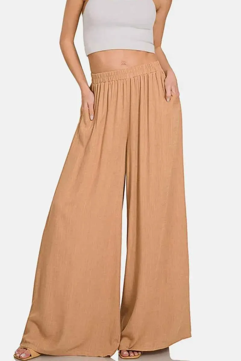 Boho Pleated Linen Blend Wide Leg Pants