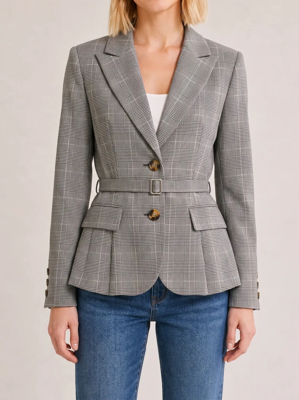 Women's Plaid Pattern Belted Tailored Printed Blazer