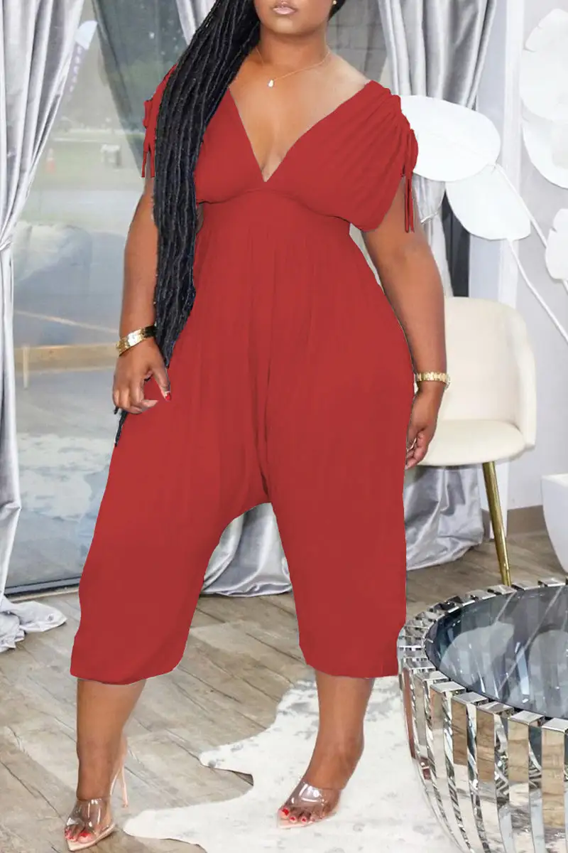Fashion Casual Solid Draw String V Neck Regular Jumpsuits