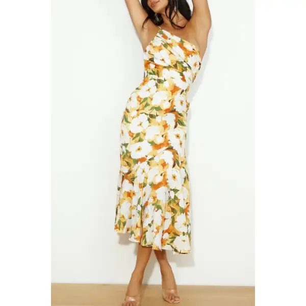 Dress Ruched Single Shoulder Midi Dress