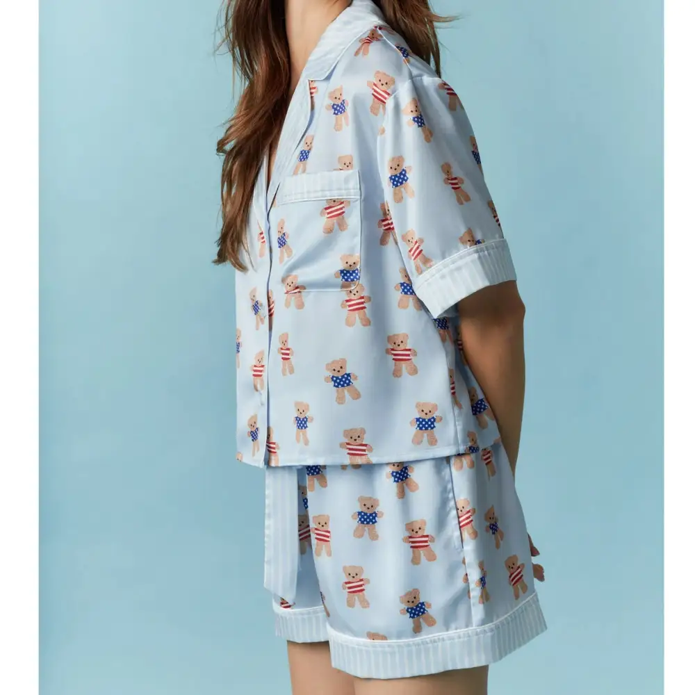 Bear Print V Neck Short Sleeve Top with Shorts Lounge Wear Set