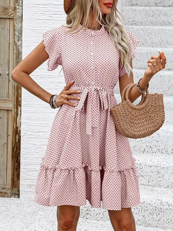 A Line Relaxed Buttoned Pleated Polka Dot Tied Waist Round Neck