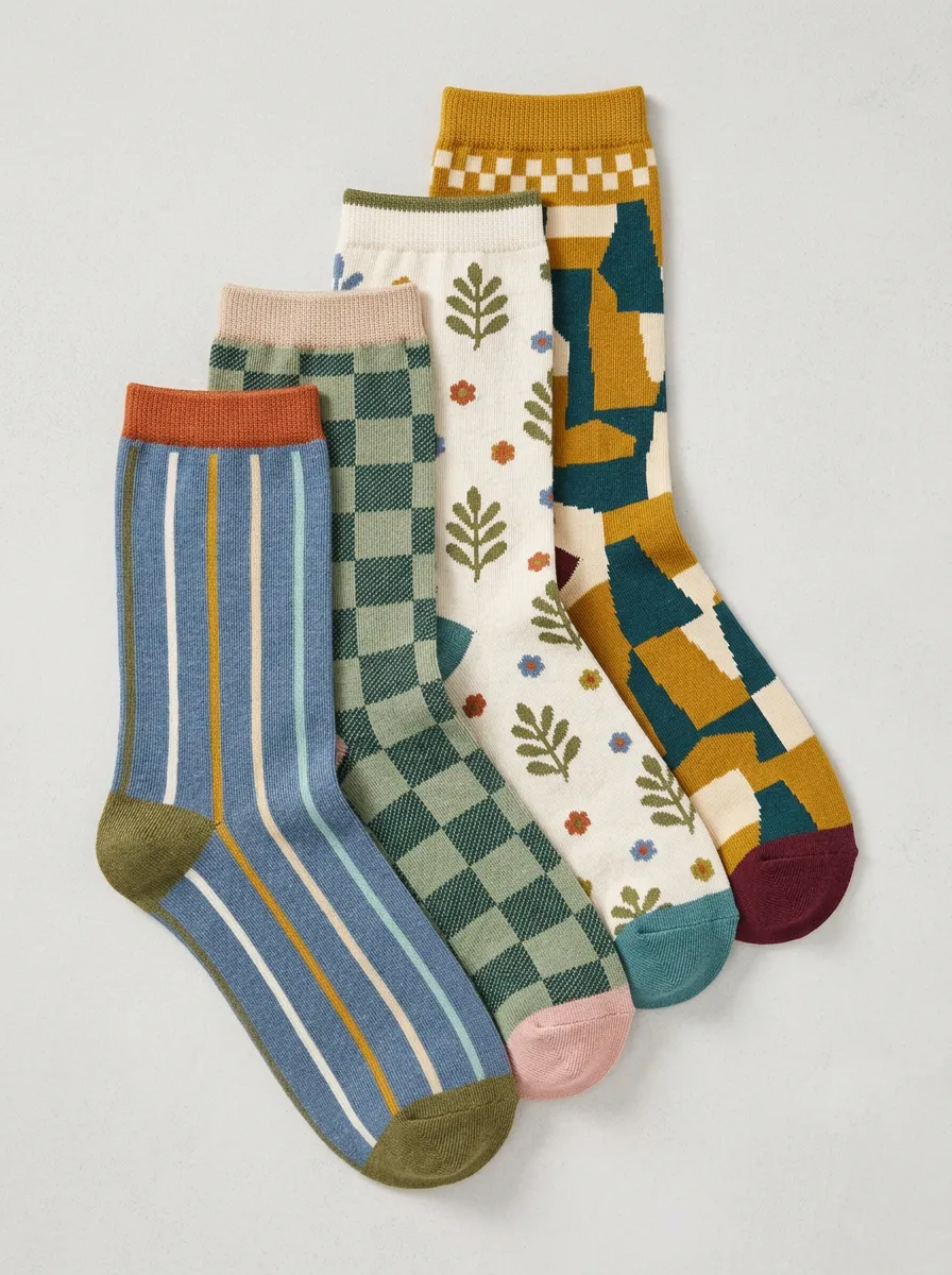 Easy-Wear Floral Striped Look Women's Four Pair Socks