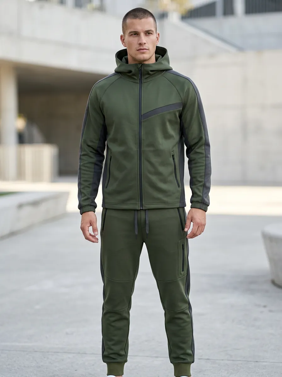 Hooded Contrast Panel Unisex Zip Hoodie Tracksuit Set
