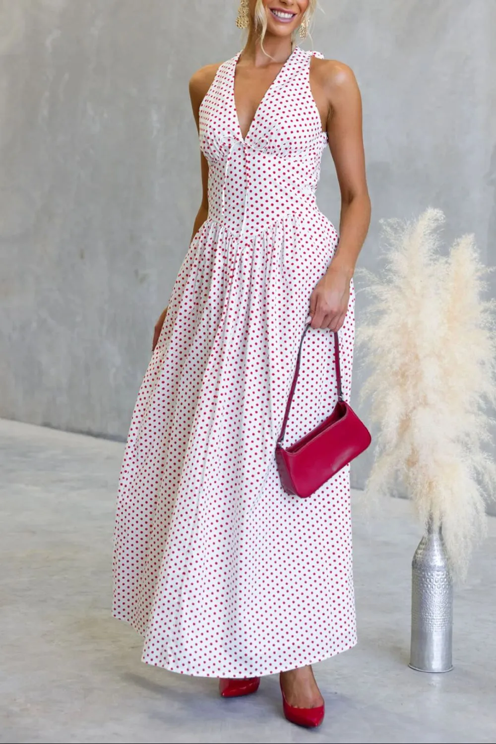 Backless Polka Dot Halter Neck Maxi Dress