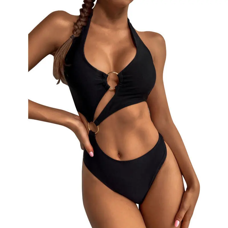 High Waist One Piece Swimsuit with Hollow Metal Ring