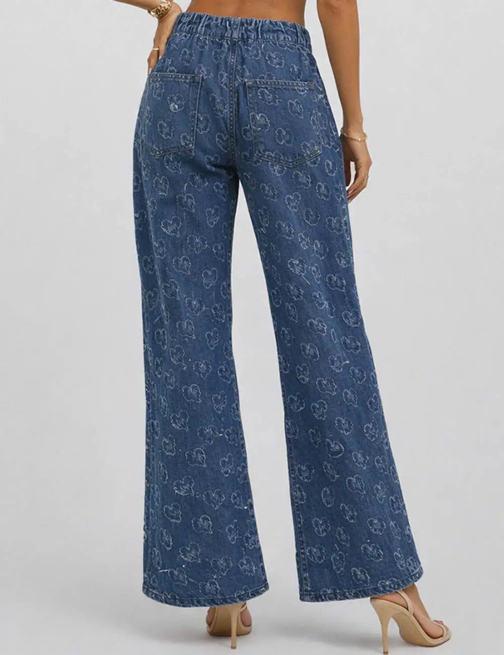 Heart Jacquard Button Wide Leg Denim Pants