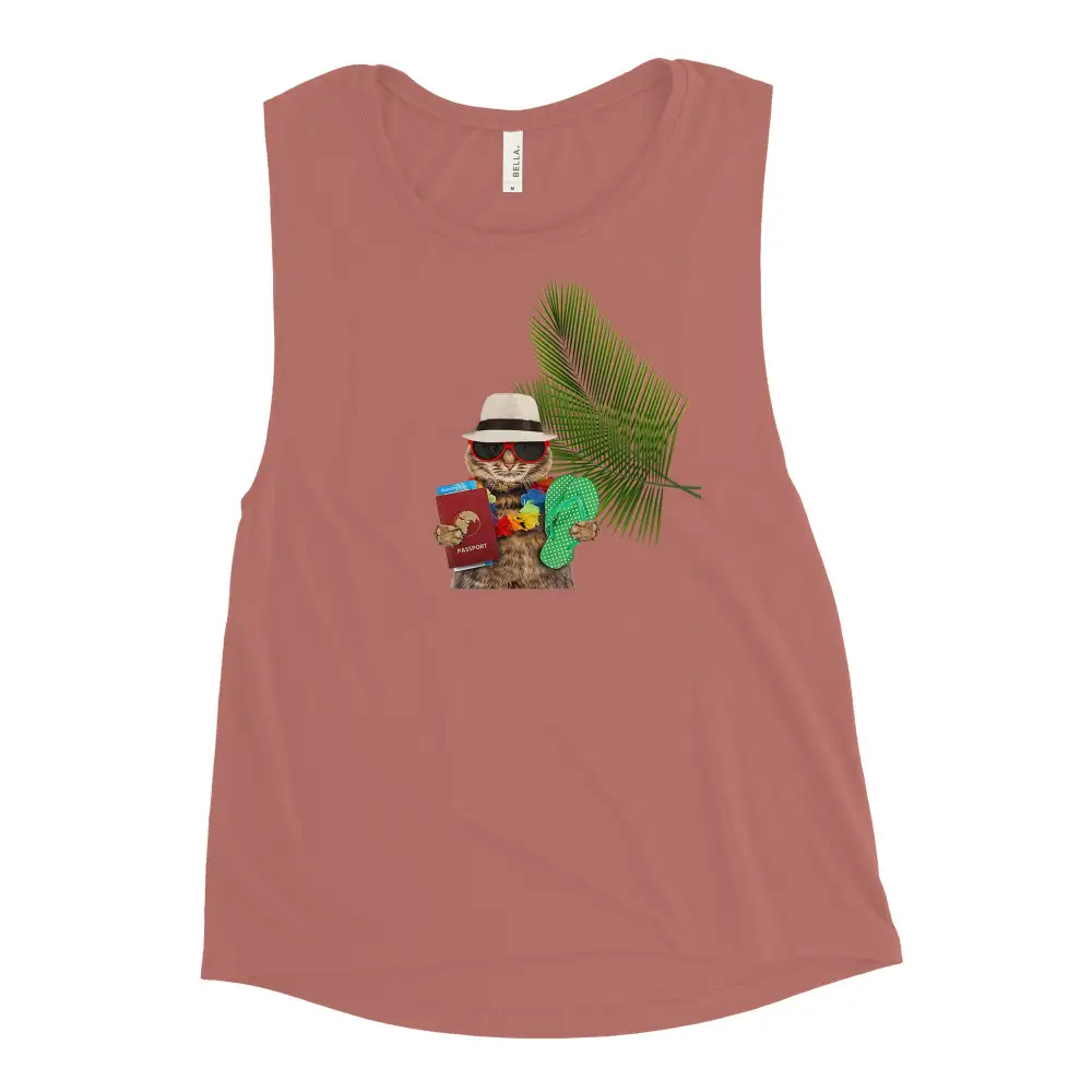 Ladies Muscle Tank Cat On Vacation Tank Top