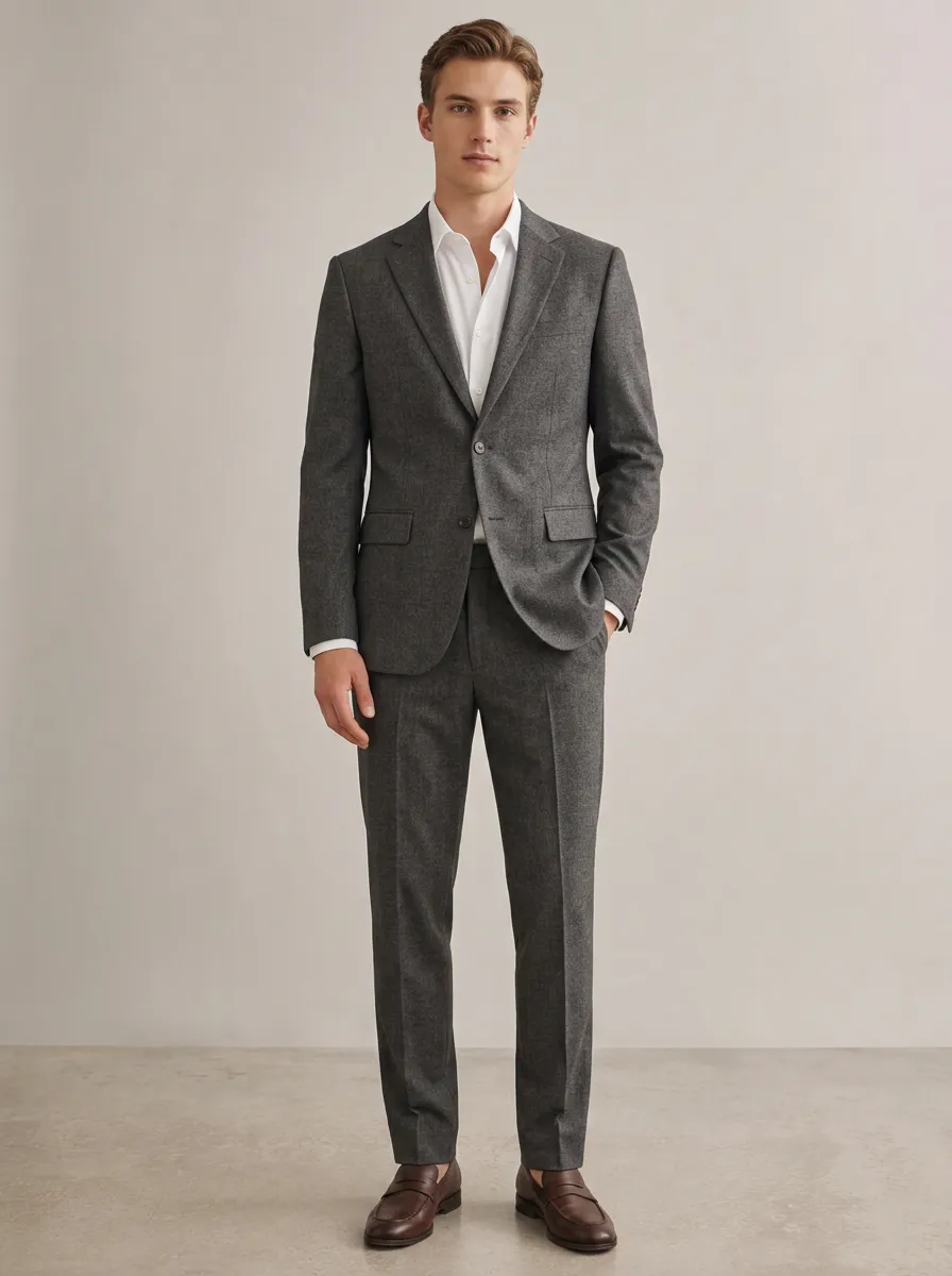 Men's Button Down Business Formal Charcoal Grey Wool Blend Suit Set