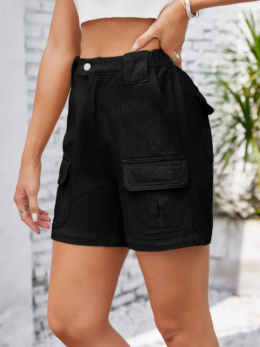 Khaki Waist Washed Denim Shorts