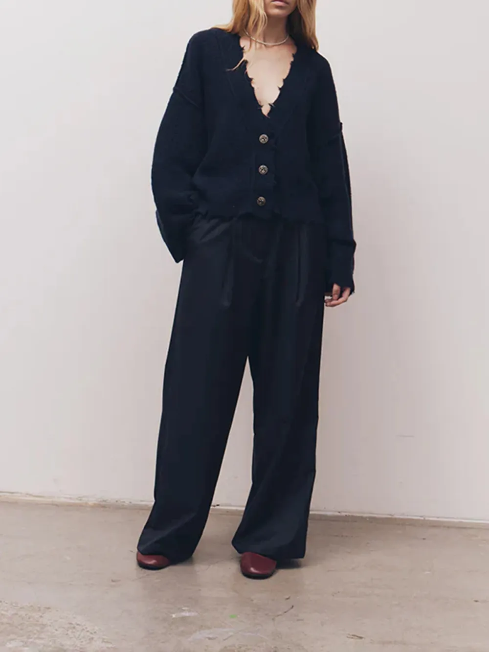 Casual Style V-neck Cardigan Navy