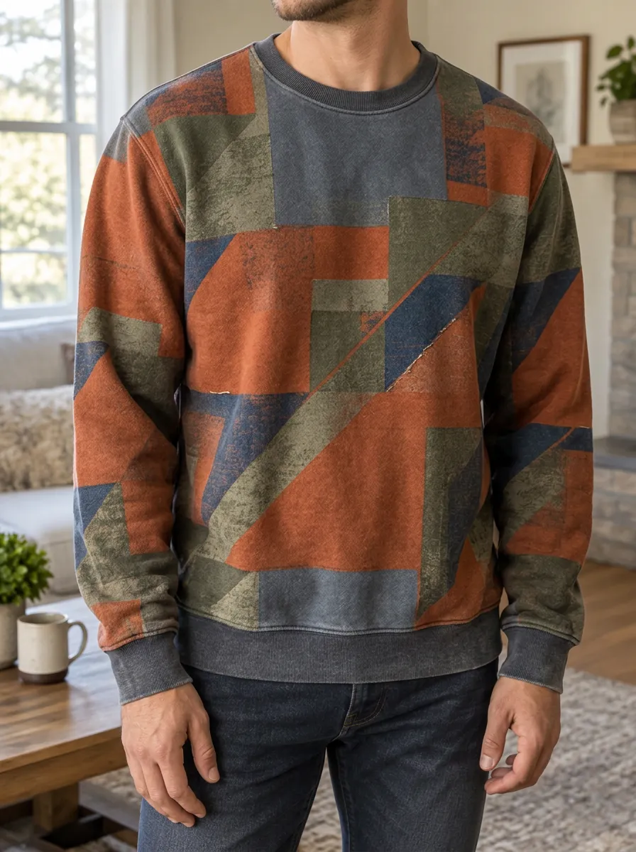 Men's Geometric Pattern Colorblock Printed Fleece Sweatshirt