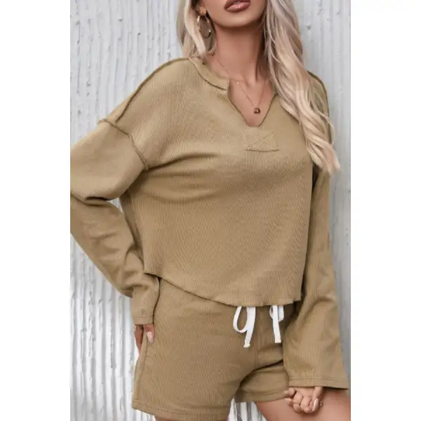 Exposed Seam Long Sleeve Top and Drawstring Shorts Set