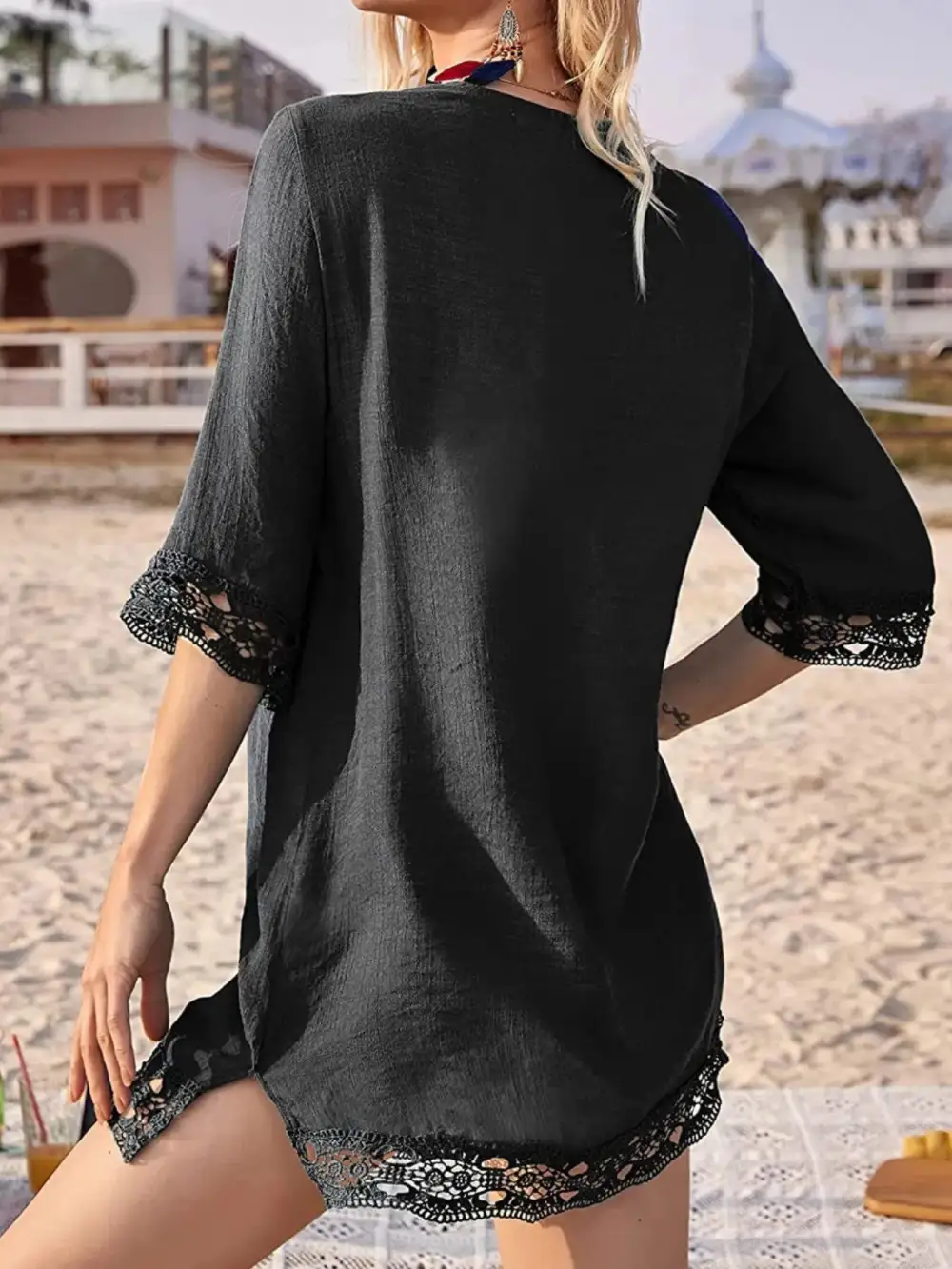 Lace Trim V Neck Swim Cover Up