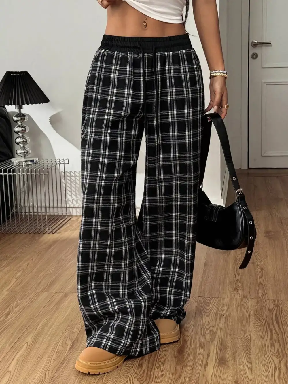 Wide Leg Elastic Waist Plaid Drawstring Pants
