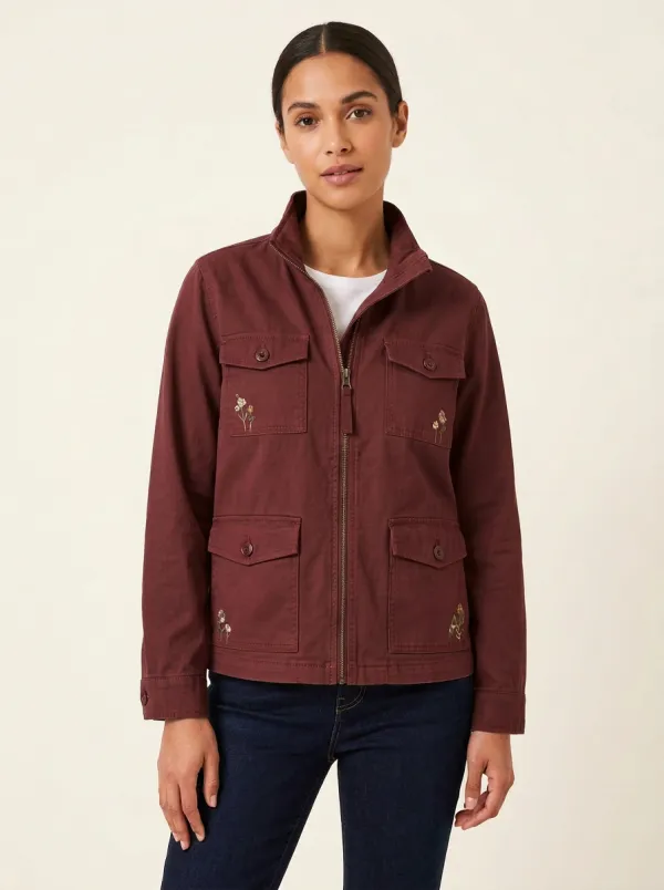 Women's Floral Embroidered Olive Utility Jacket