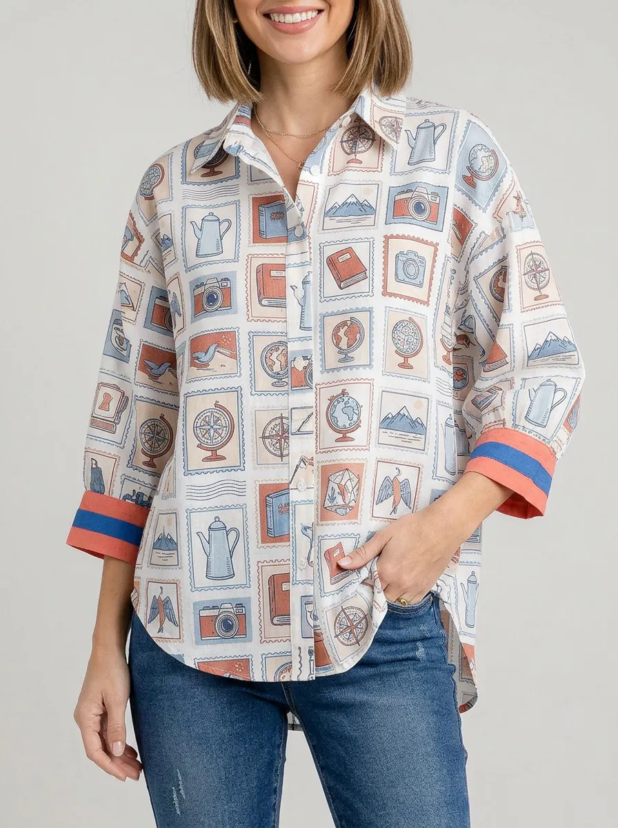 Women's Travel Lover Vintage Stamp Pattern Printed Shirt