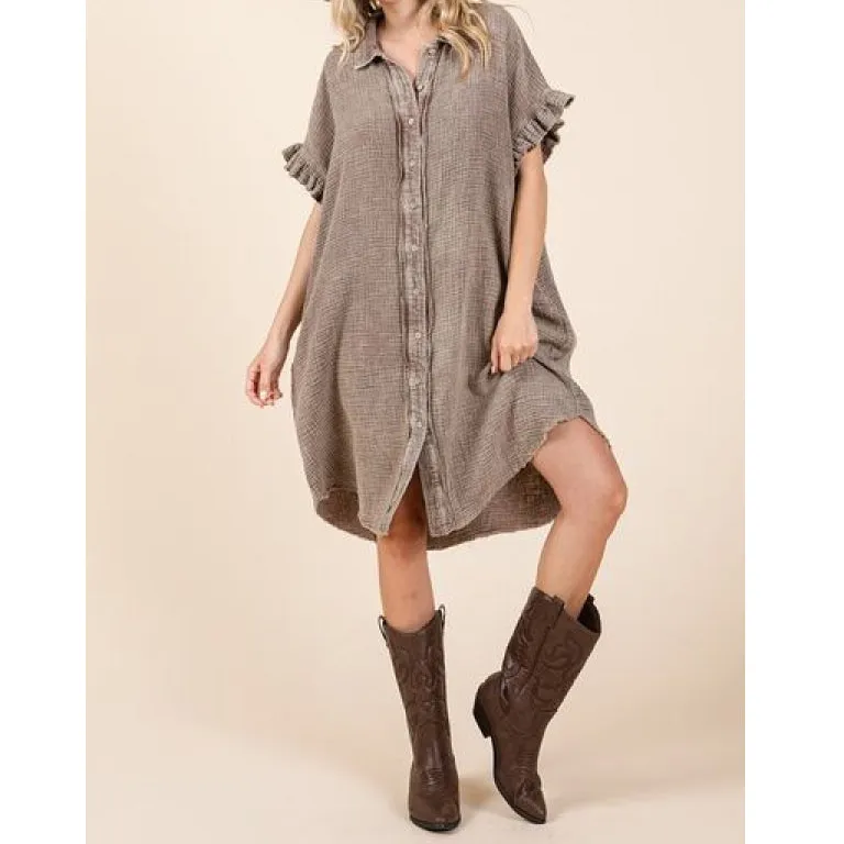 Mineral Wash Cotton Gauze Mini Shirt Dress