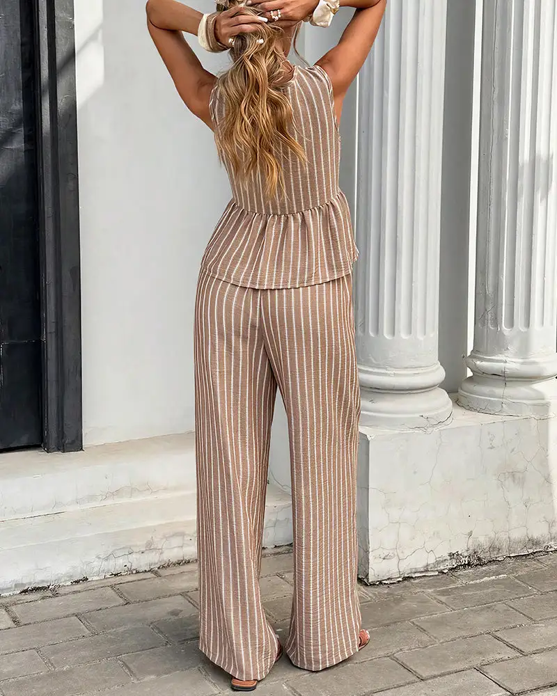 Striped V-Neck Peplum and Wide Leg Pants Two-Piece Set