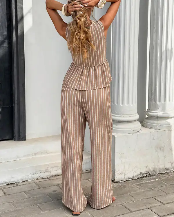 Striped V-Neck Peplum and Wide Leg Pants Two-Piece Set
