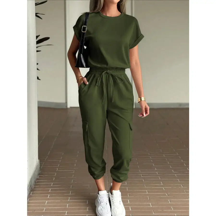 Round Neck Short Sleeve Top and Pants Set