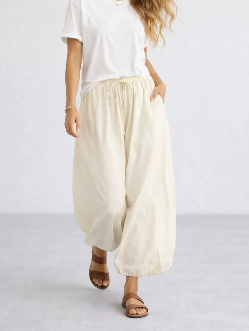 Solid Color Elastic Waist Drawstring Lantern Pants