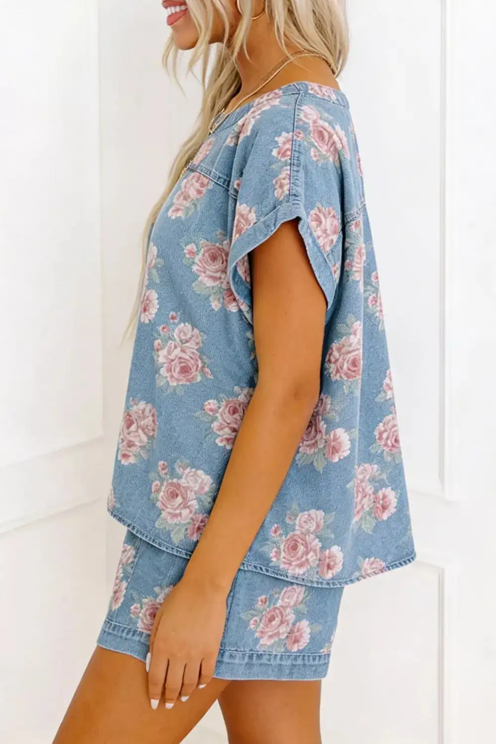 Denim Cotton Floral-Print Top and Shorts Matching Set