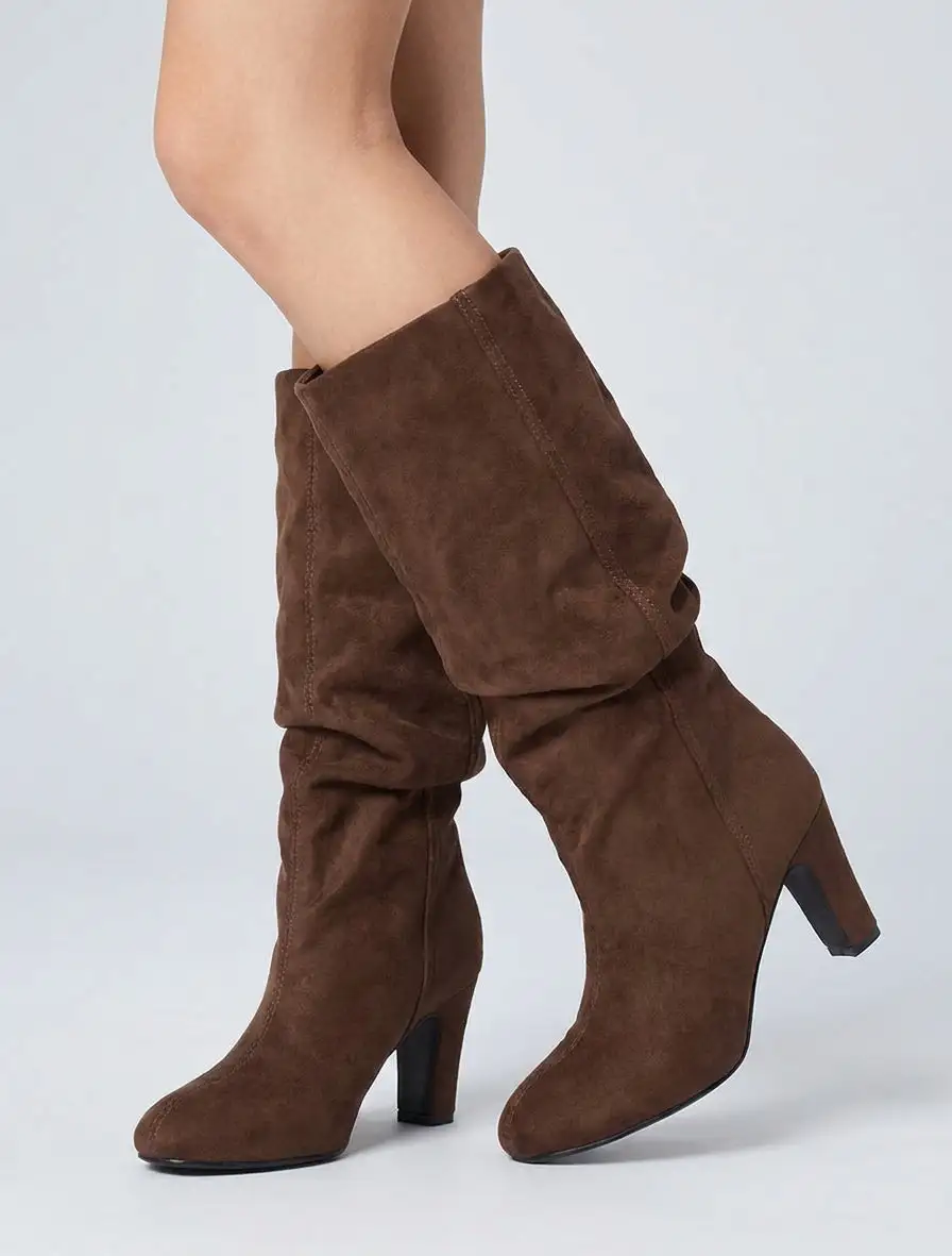 Everyday Block Heel Ruched Faux Suede Knee High Boots