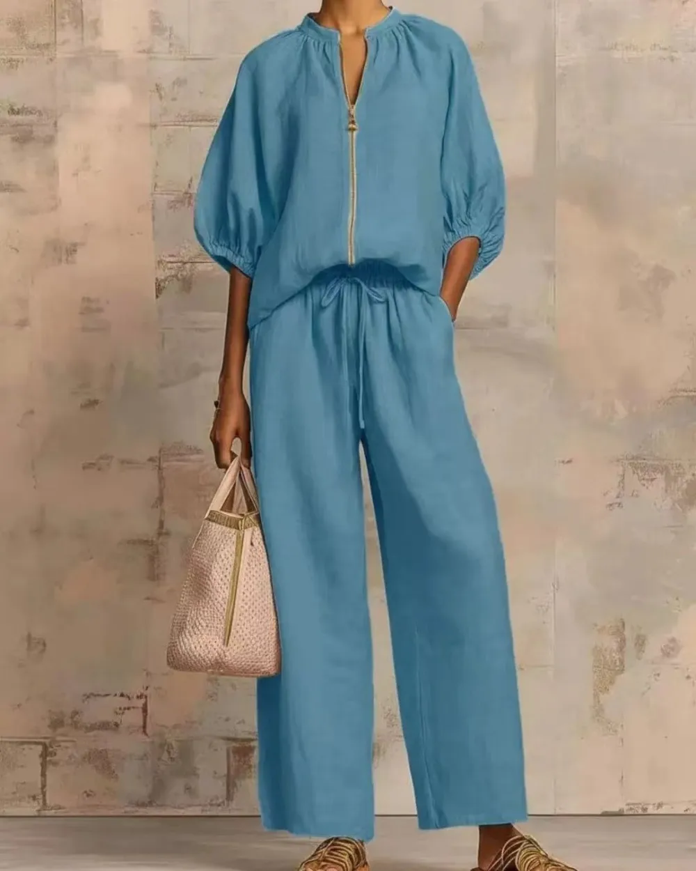Knitted Fabric Blouse and Long Pants Two-Piece Outfit with Flounce Sleeves